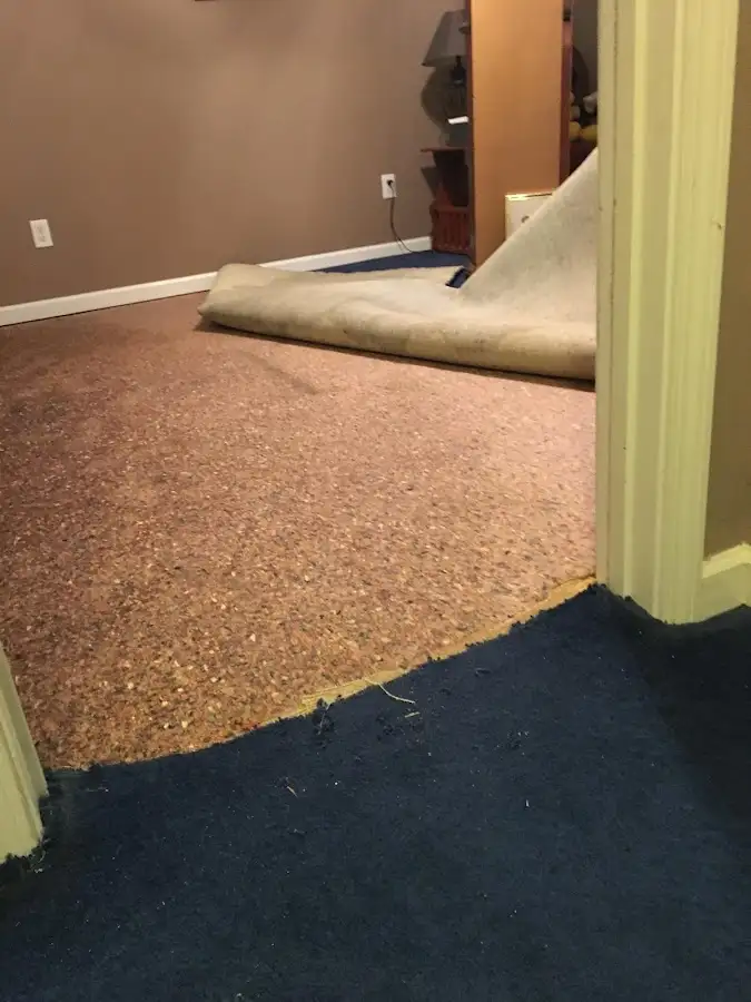 Carpet pad removal revealing water damage during Drying & Dehumidification in Coto de Caza